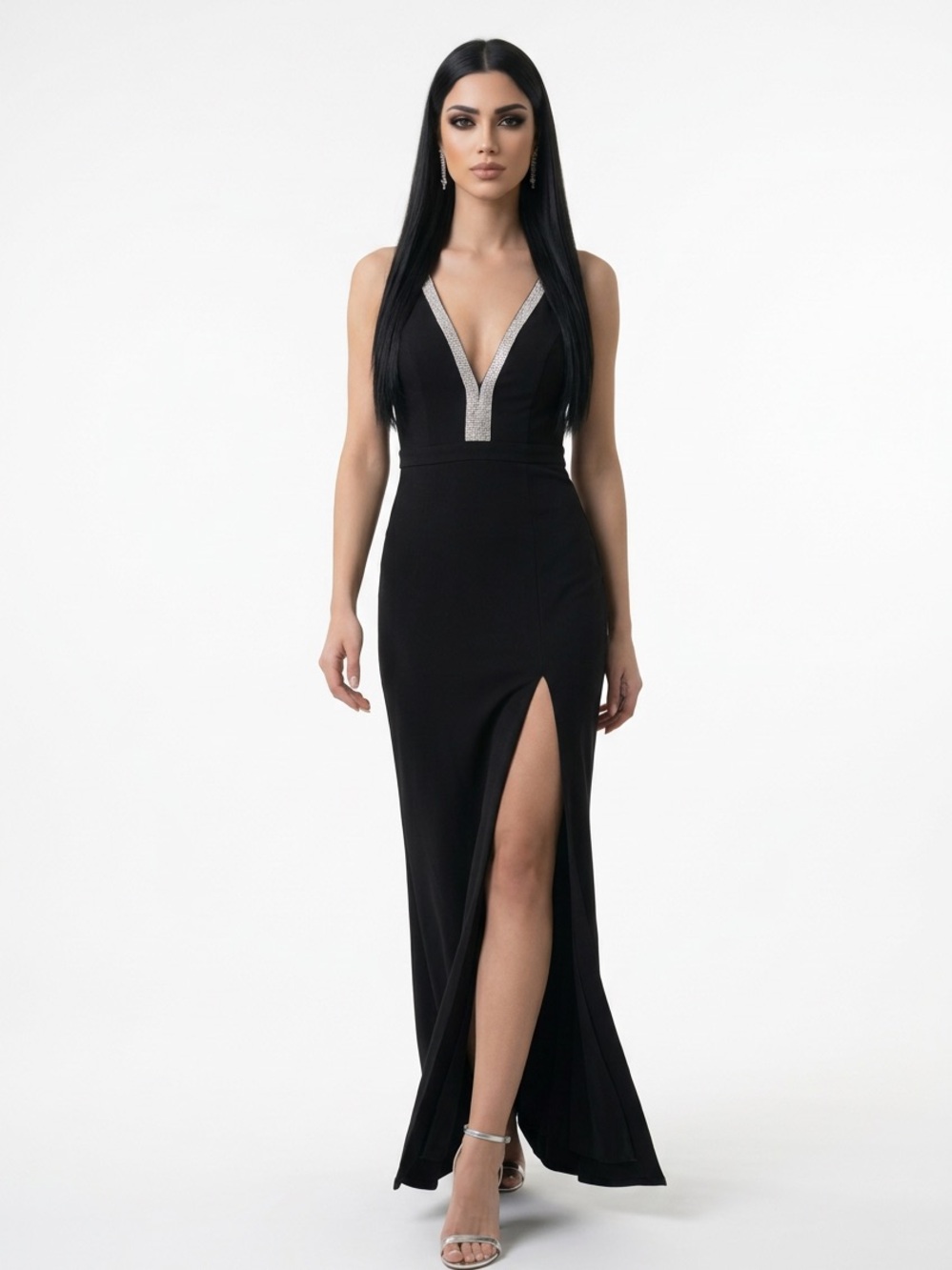 LULU’S | NEW Black Rhinestone Plunge V Neck Maxi Dress Gown Women’s Size Medium